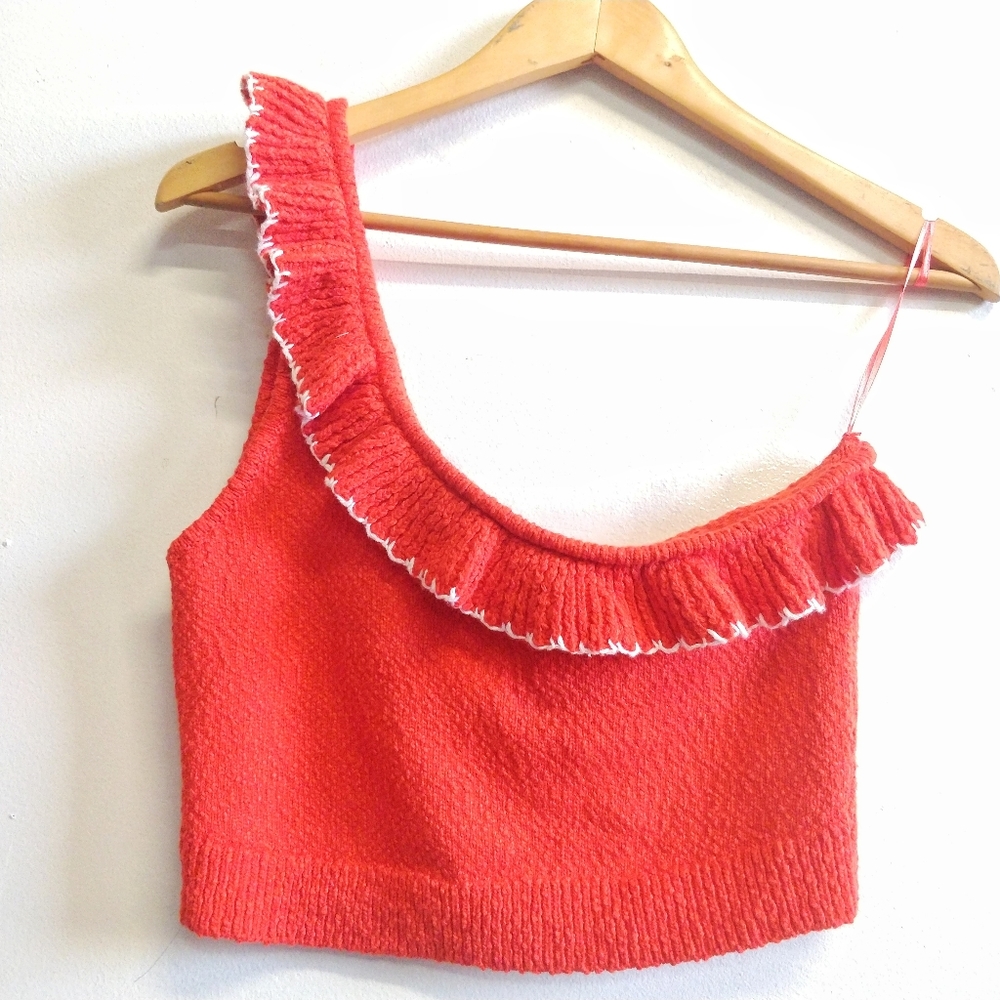 NEW Urban Outfitters Orange Molly Ruffle One Shoulder Crop L - Picture 3 of 9